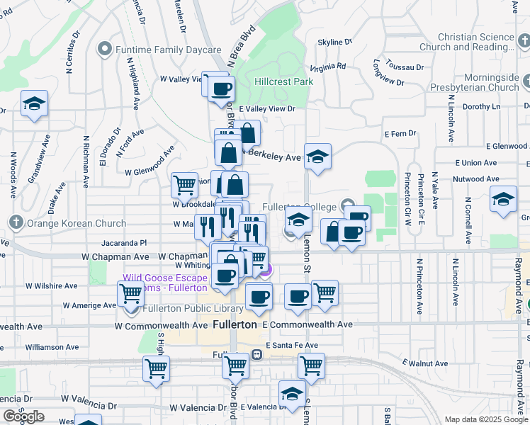 map of restaurants, bars, coffee shops, grocery stores, and more near 629 North Pomona Avenue in Fullerton