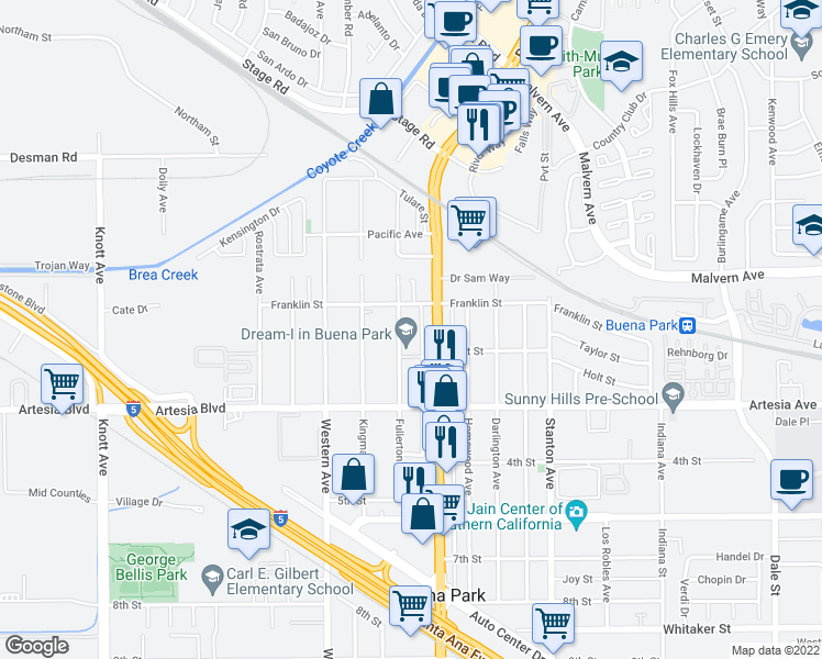 map of restaurants, bars, coffee shops, grocery stores, and more near 5792 Fullerton Avenue in Buena Park