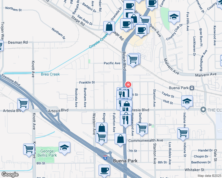 map of restaurants, bars, coffee shops, grocery stores, and more near 5794 Kingman Avenue in Buena Park