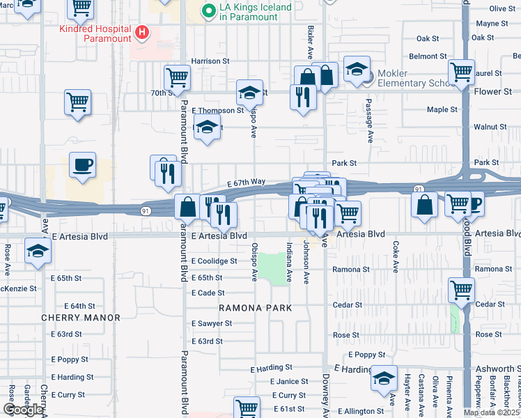 map of restaurants, bars, coffee shops, grocery stores, and more near 6671 Coronado Avenue in Long Beach