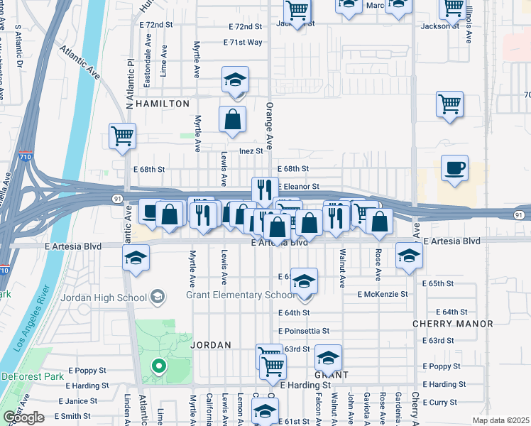 map of restaurants, bars, coffee shops, grocery stores, and more near 6675 Orange Avenue in Long Beach