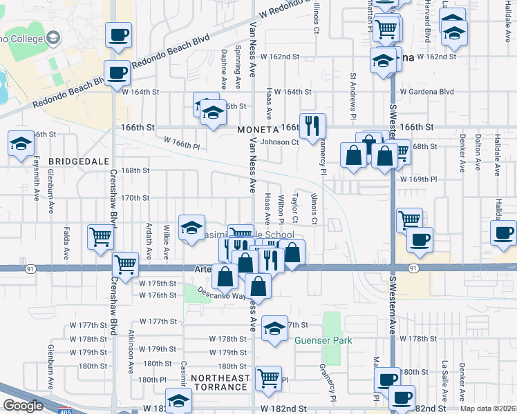map of restaurants, bars, coffee shops, grocery stores, and more near 17019 Haas Avenue in Torrance