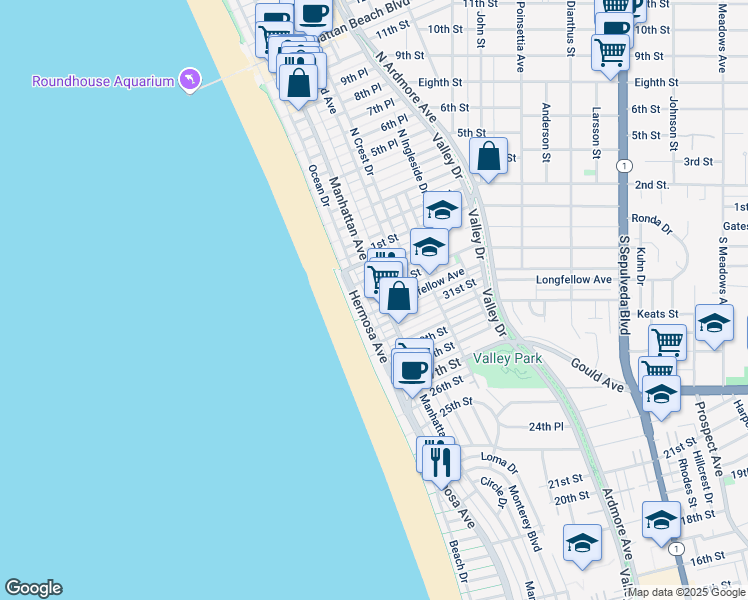 map of restaurants, bars, coffee shops, grocery stores, and more near 3236 Hermosa Avenue in Hermosa Beach