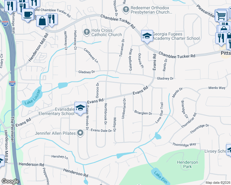 map of restaurants, bars, coffee shops, grocery stores, and more near 3764 Evans Road in Atlanta