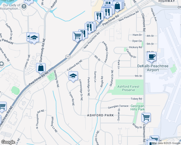 map of restaurants, bars, coffee shops, grocery stores, and more near 2996 Parkridge Drive Northeast in Atlanta