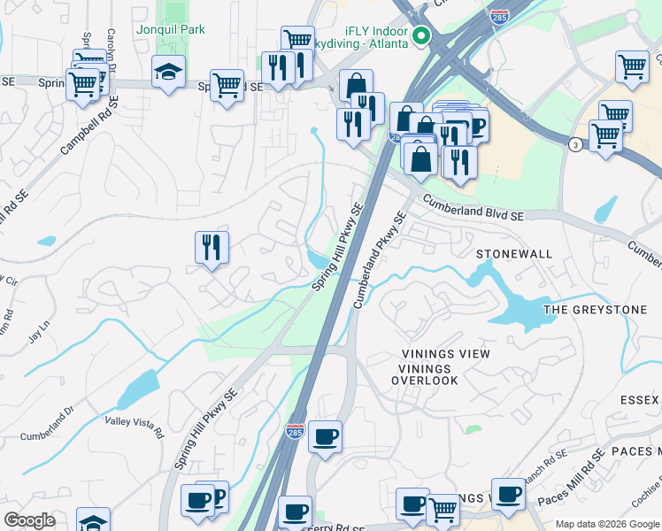 map of restaurants, bars, coffee shops, grocery stores, and more near 3110 Spring Hill Parkway Southeast in Smyrna