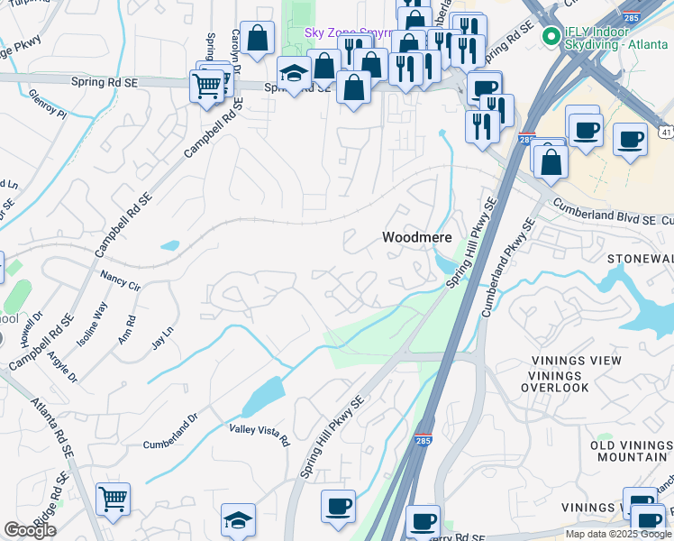 map of restaurants, bars, coffee shops, grocery stores, and more near 1208 Cumberland Court Southeast in Smyrna