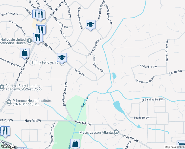 map of restaurants, bars, coffee shops, grocery stores, and more near 1941 Leatherleaf Drive Southwest in Marietta