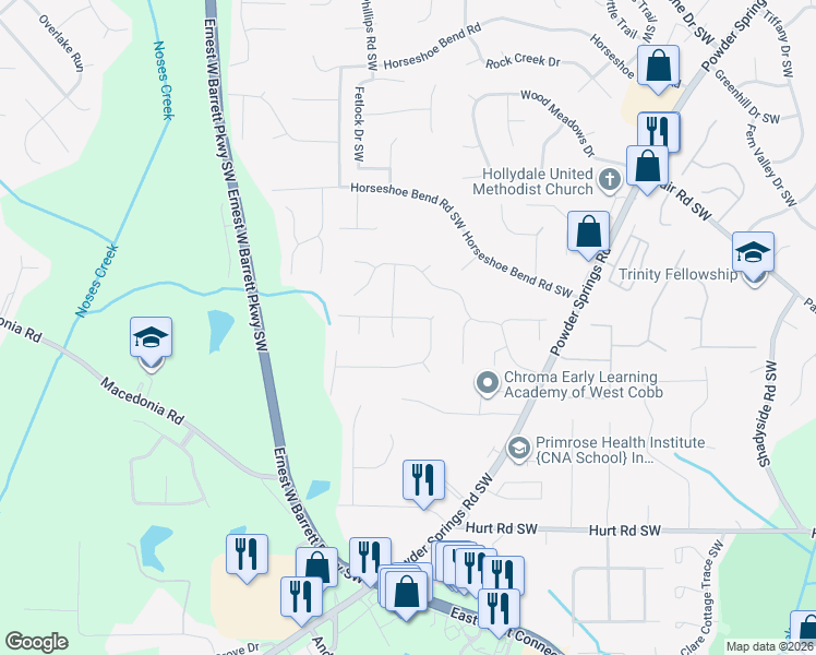 map of restaurants, bars, coffee shops, grocery stores, and more near 2686 Foxglove Drive Southwest in Marietta