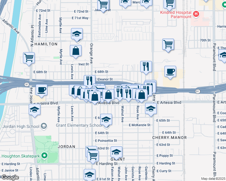 map of restaurants, bars, coffee shops, grocery stores, and more near 6679 Falcon Avenue in Long Beach