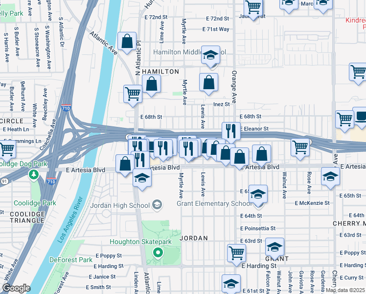 map of restaurants, bars, coffee shops, grocery stores, and more near 6671 Myrtle Avenue in Long Beach