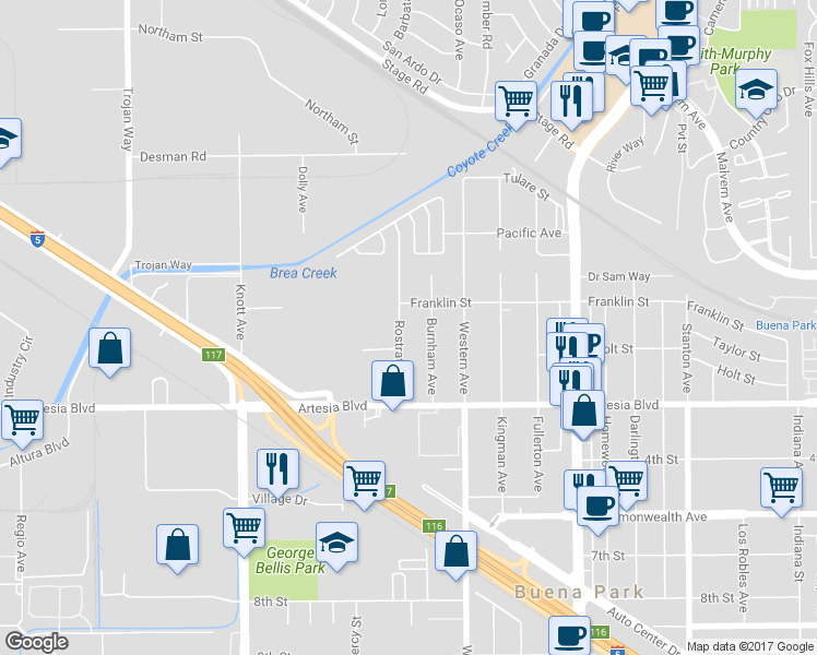 map of restaurants, bars, coffee shops, grocery stores, and more near 5792 Rostrata Avenue in Buena Park