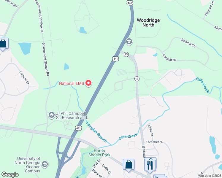 map of restaurants, bars, coffee shops, grocery stores, and more near 1070 Moreland Drive in Watkinsville