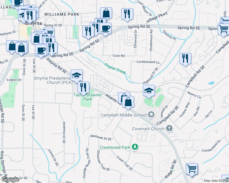map of restaurants, bars, coffee shops, grocery stores, and more near 1108 Creatwood Circle in Smyrna