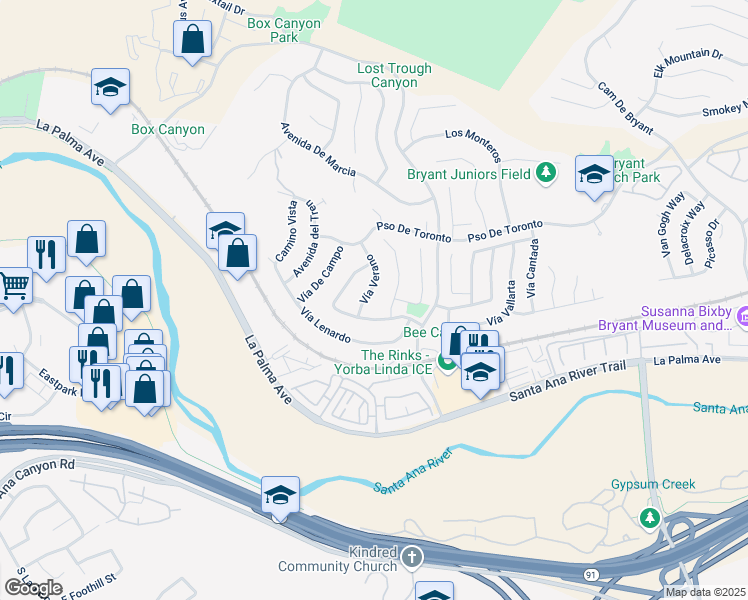 map of restaurants, bars, coffee shops, grocery stores, and more near 5580 Vía Verano in Yorba Linda
