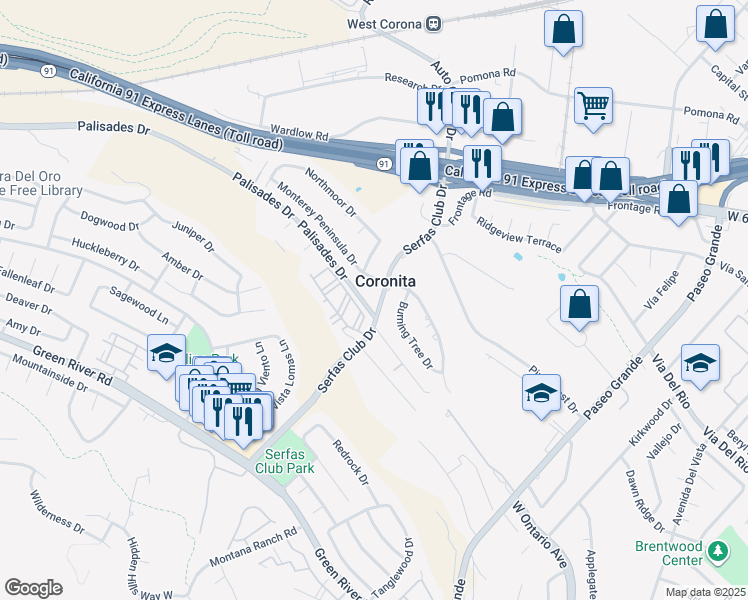 map of restaurants, bars, coffee shops, grocery stores, and more near 980 Serfas Club Drive in Corona