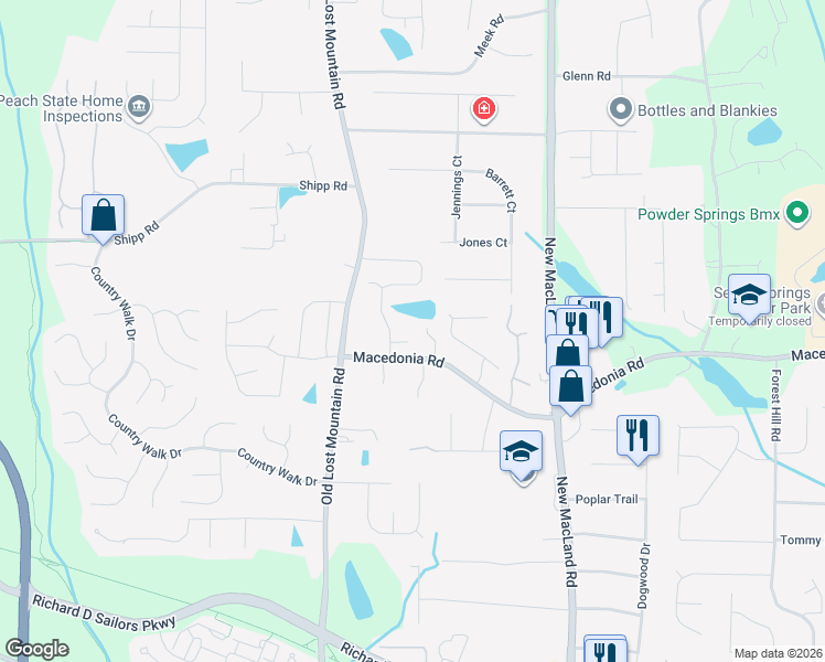map of restaurants, bars, coffee shops, grocery stores, and more near 4434 Macedonia Road in Powder Springs