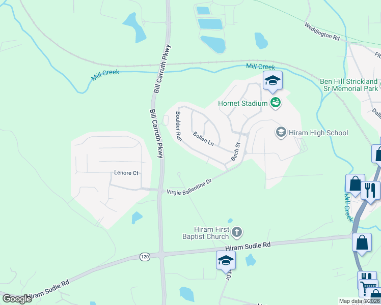 map of restaurants, bars, coffee shops, grocery stores, and more near 199 Boulder Run in Dallas