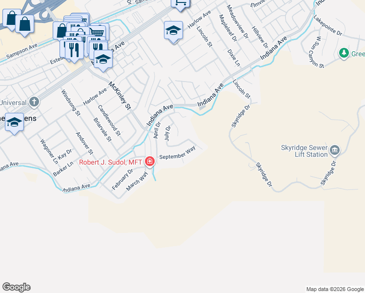 map of restaurants, bars, coffee shops, grocery stores, and more near 13006 August Circle in Riverside