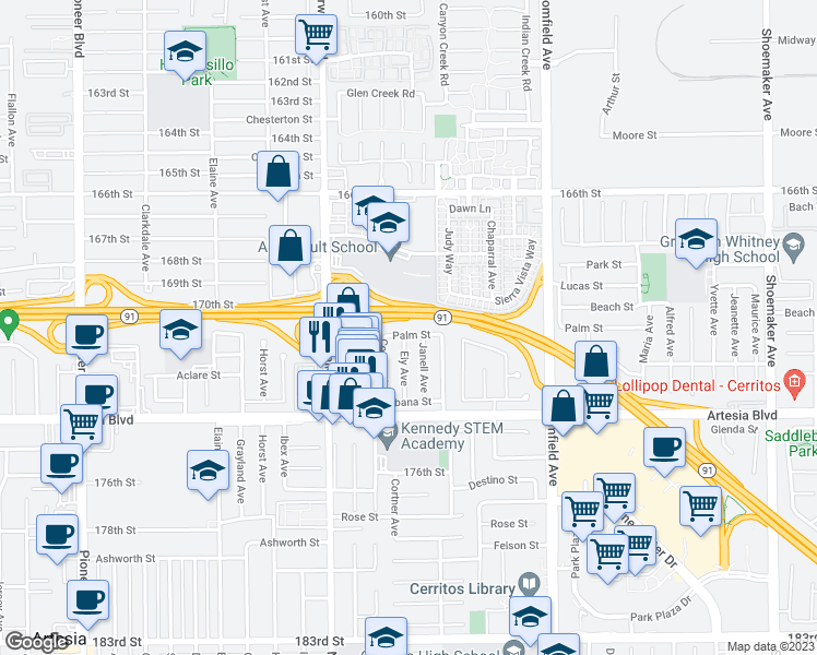 map of restaurants, bars, coffee shops, grocery stores, and more near 12331 Palm Street in Cerritos