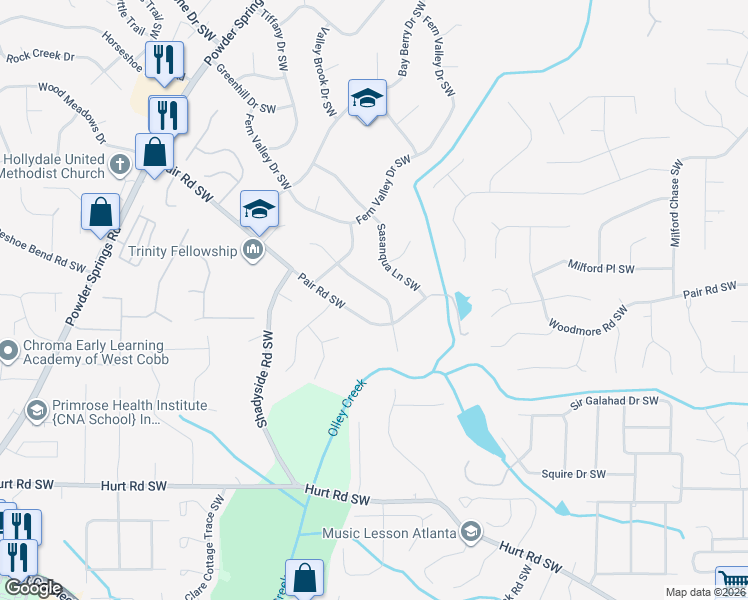 map of restaurants, bars, coffee shops, grocery stores, and more near 1941 Leatherleaf Drive Southwest in Marietta