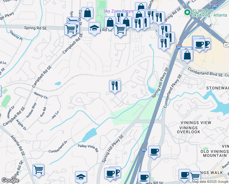 map of restaurants, bars, coffee shops, grocery stores, and more near 1208 Cumberland Court Southeast in Smyrna