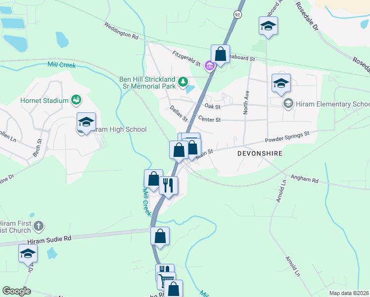 map of restaurants, bars, coffee shops, grocery stores, and more near 34 Church Street in Hiram