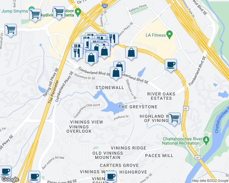 map of restaurants, bars, coffee shops, grocery stores, and more near 3724 Stonewall Circle in Atlanta