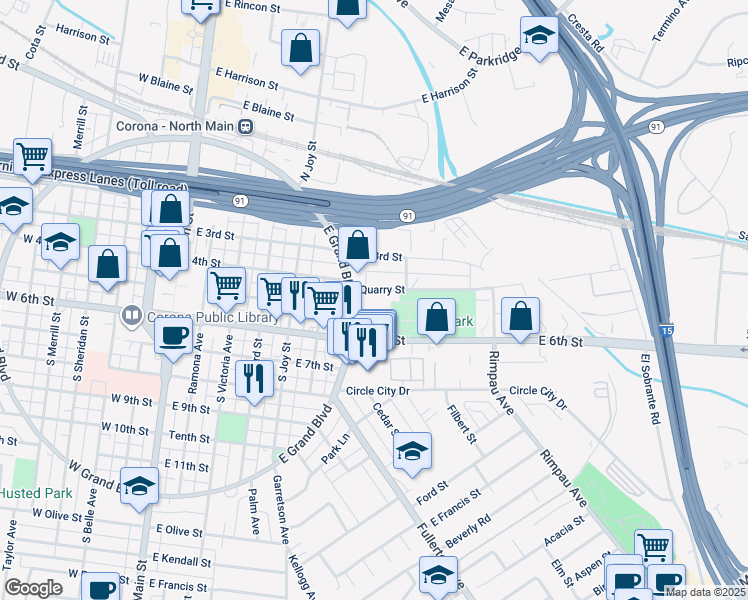map of restaurants, bars, coffee shops, grocery stores, and more near in Corona