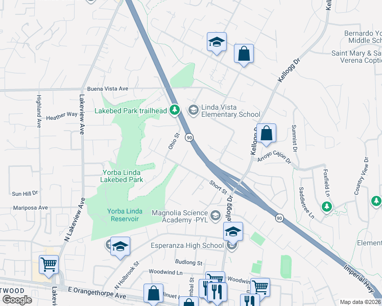map of restaurants, bars, coffee shops, grocery stores, and more near 5820 Blueberry Street in Yorba Linda