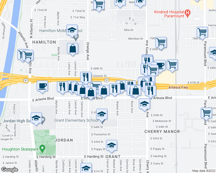 map of restaurants, bars, coffee shops, grocery stores, and more near 6679 Falcon Avenue in Long Beach