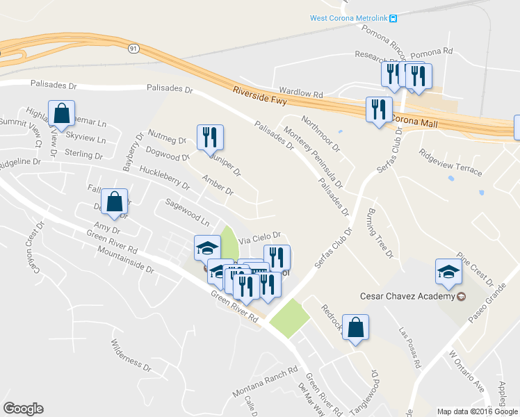 map of restaurants, bars, coffee shops, grocery stores, and more near 2790 Amber Circle in Corona