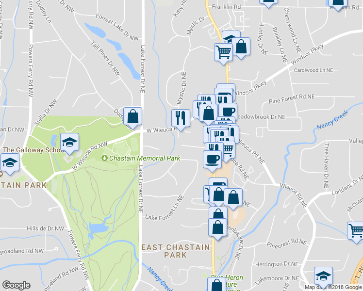 map of restaurants, bars, coffee shops, grocery stores, and more near 4776 Wieuca Road Northeast in Atlanta