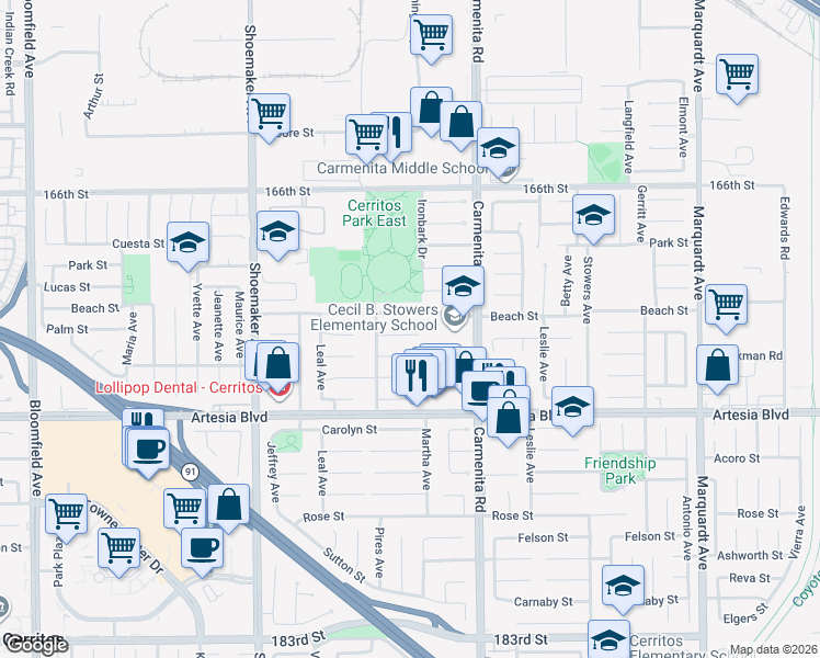 map of restaurants, bars, coffee shops, grocery stores, and more near 13249 Palm Place in Cerritos