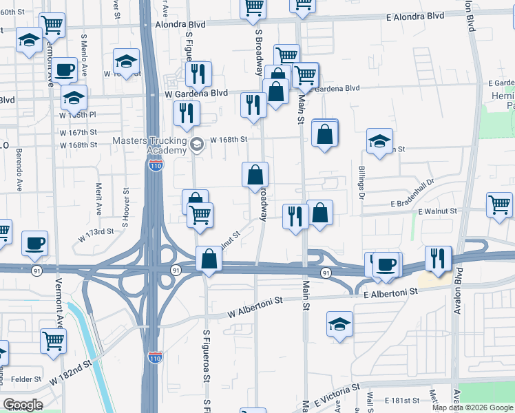 map of restaurants, bars, coffee shops, grocery stores, and more near 17111 South Broadway in Gardena