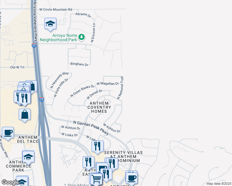 map of restaurants, bars, coffee shops, grocery stores, and more near 43119 North National Trail in New River