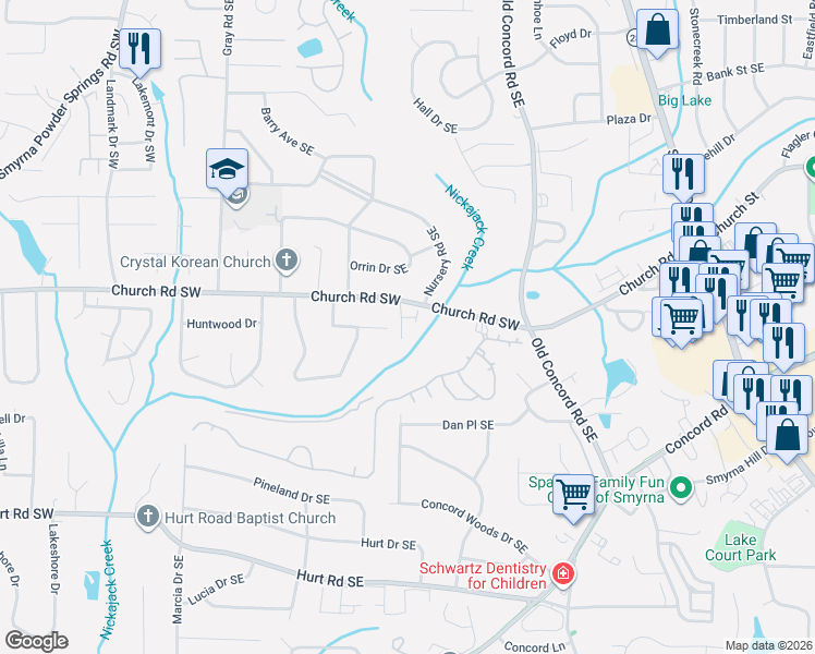 map of restaurants, bars, coffee shops, grocery stores, and more near 3158 Autumn Brook Trail in Smyrna