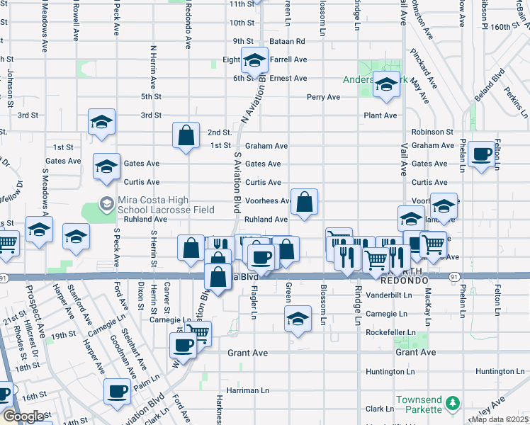 map of restaurants, bars, coffee shops, grocery stores, and more near 1919 Ruhland Avenue in Redondo Beach