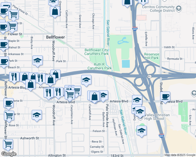 map of restaurants, bars, coffee shops, grocery stores, and more near 17215 Carfax Avenue in Bellflower