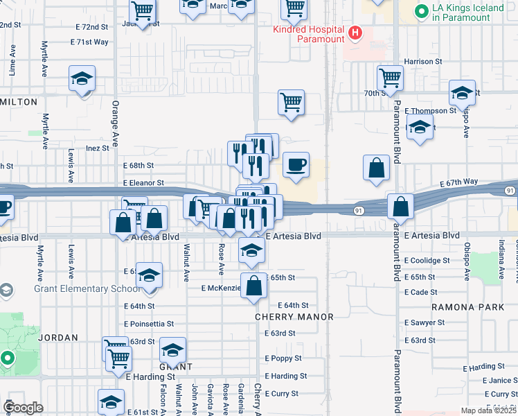 map of restaurants, bars, coffee shops, grocery stores, and more near 6664 Cherry Avenue in Long Beach