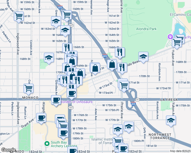 map of restaurants, bars, coffee shops, grocery stores, and more near 4181 Redondo Beach Boulevard in Lawndale