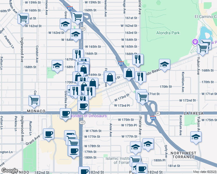 map of restaurants, bars, coffee shops, grocery stores, and more near 4181 Redondo Beach Boulevard in Lawndale
