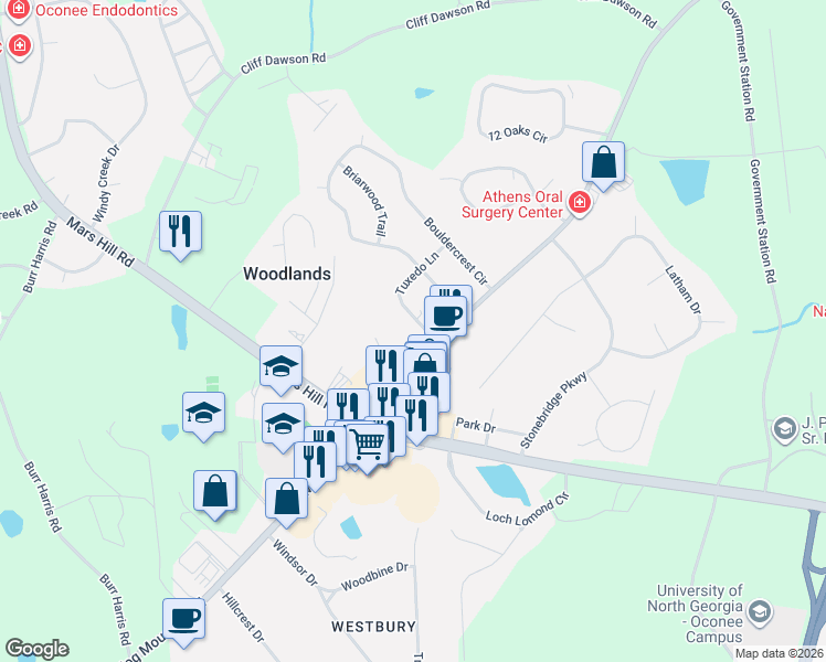 map of restaurants, bars, coffee shops, grocery stores, and more near 1990 Hog Mountain Road in Watkinsville