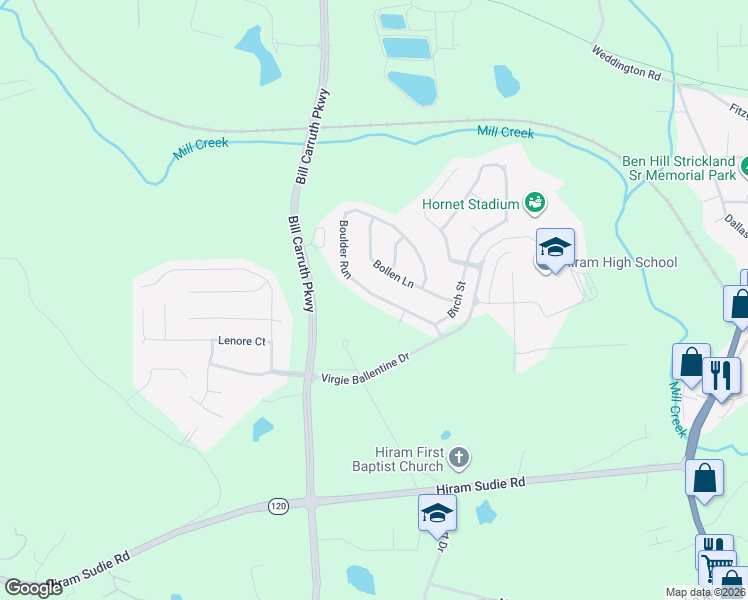 map of restaurants, bars, coffee shops, grocery stores, and more near 199 Boulder Run in Dallas