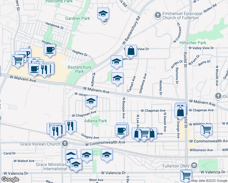 map of restaurants, bars, coffee shops, grocery stores, and more near 1637 West Malvern Avenue in Fullerton