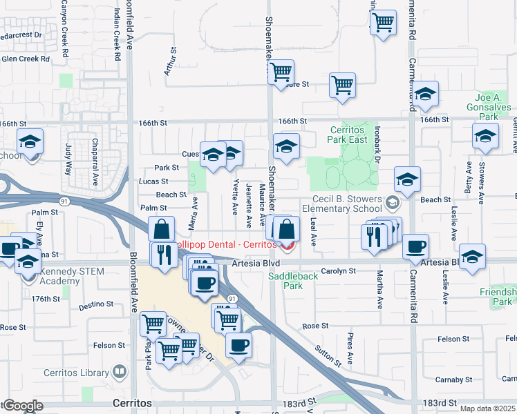 map of restaurants, bars, coffee shops, grocery stores, and more near 17109 Maurice Avenue in Cerritos