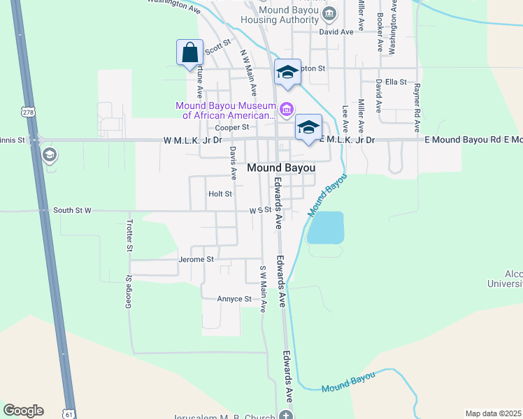 map of restaurants, bars, coffee shops, grocery stores, and more near North West Main Avenue in Mound Bayou