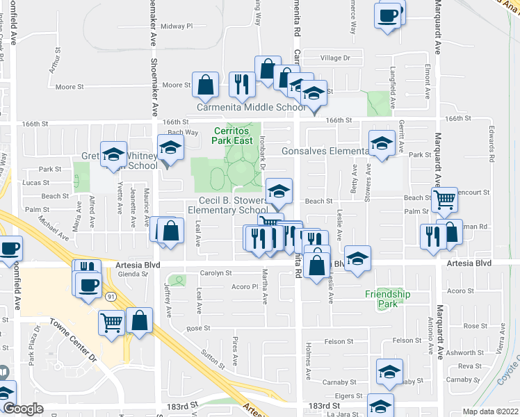 map of restaurants, bars, coffee shops, grocery stores, and more near 13249 Palm Place in Cerritos
