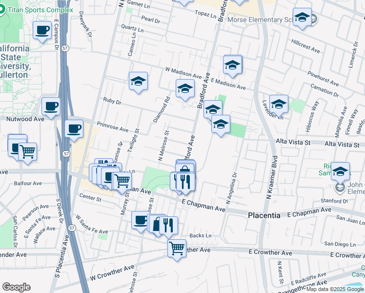 map of restaurants, bars, coffee shops, grocery stores, and more near 114 Primrose Avenue in Placentia