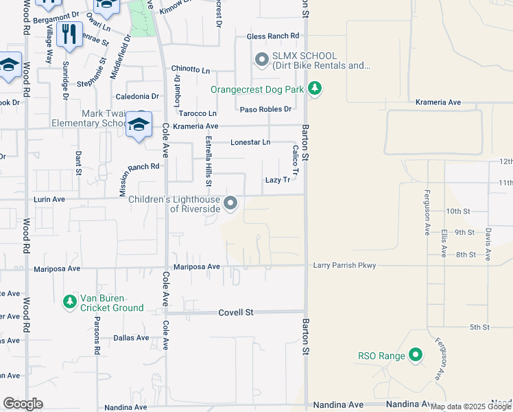 map of restaurants, bars, coffee shops, grocery stores, and more near 19938 Paintbrush Court in Riverside